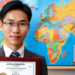 **

"Vietnamese accountant confidently standing in front of a world map, holding an internationally recognized accounting certification (e.g., ACCA certificate). Skyscrapers and financial buildings in the background. Global finance career concept. Professional attire. Bright, optimistic lighting."

**