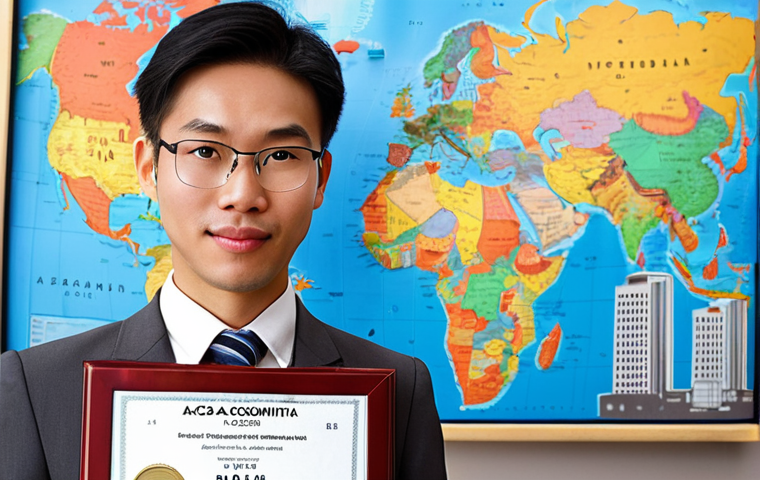**

"Vietnamese accountant confidently standing in front of a world map, holding an internationally recognized accounting certification (e.g., ACCA certificate). Skyscrapers and financial buildings in the background. Global finance career concept. Professional attire. Bright, optimistic lighting."

**