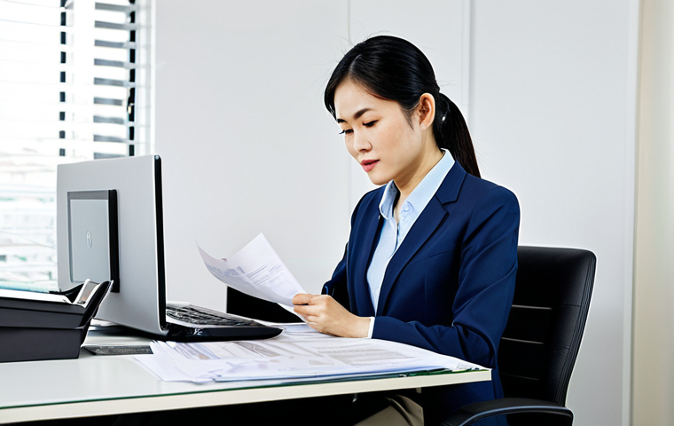 Preparing Tax Documents**

"A Vietnamese businesswoman in a modest business attire, carefully reviewing tax documents at her desk in a modern, well-lit office, fully clothed, appropriate content, safe for work, perfect anatomy, natural proportions, professional photography, high quality. The desk is organized with a laptop, calculator, and stacks of official-looking papers. Professional, family-friendly atmosphere."

**