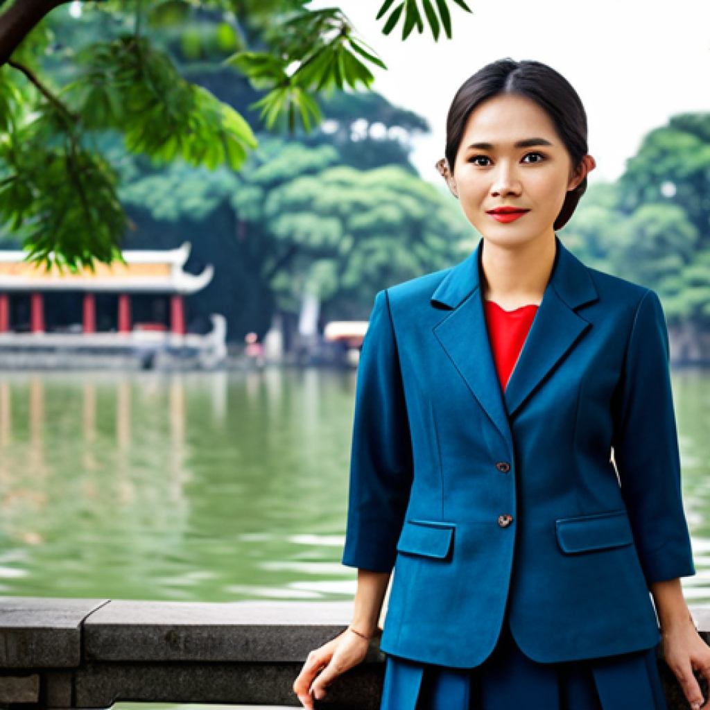 **

"A Vietnamese businesswoman in a tailored áo dài, standing confidently in front of the Hoan Kiem Lake in Hanoi, fully clothed, appropriate attire, safe for work, perfect anatomy, natural proportions, professional photography, high quality, daylight."

**