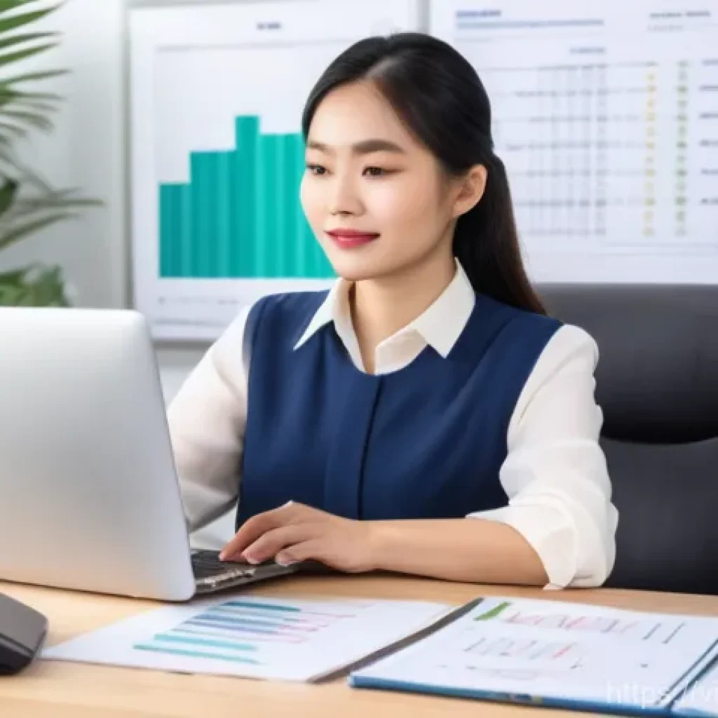 세무사와 회계사의 차이 - A professional Vietnamese female accountant, aged 30-40, focused and meticulous, sitting at a clean,...