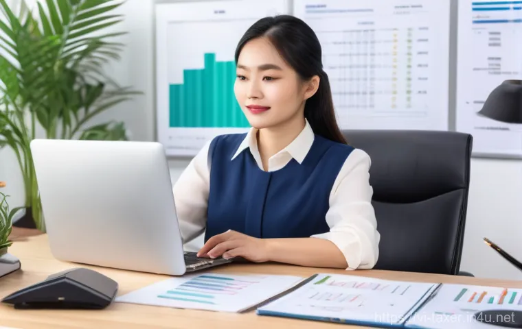 세무사와 회계사의 차이 - A professional Vietnamese female accountant, aged 30-40, focused and meticulous, sitting at a clean,...