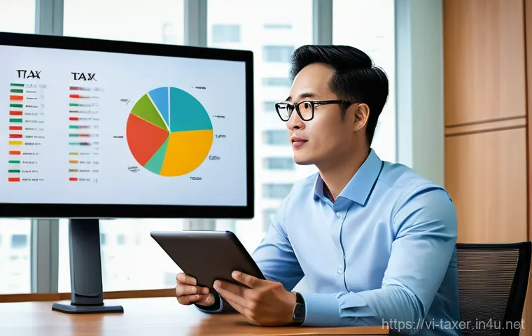 세무사와 회계사의 차이 - A professional Vietnamese female accountant, aged 30-40, focused and meticulous, sitting at a clean,...