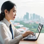 Home 15 세무사와 해외 소득 신고 - **Prompt:** A focused young Vietnamese female freelancer, in her late 20s, with a chic yet modest bu...