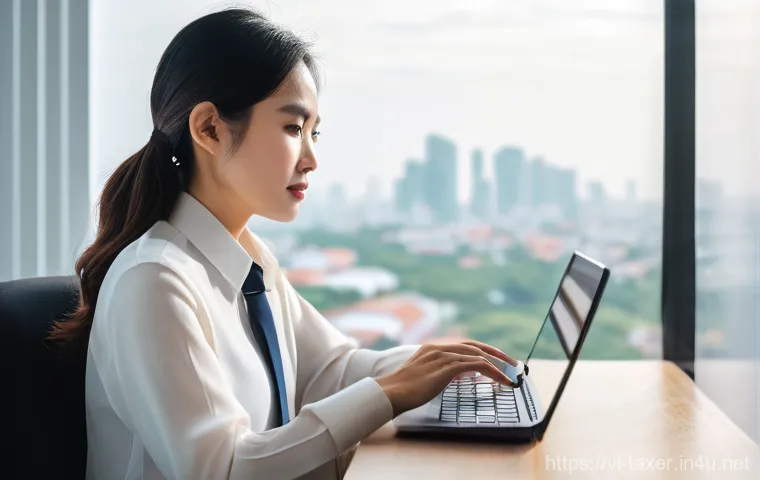 세무사와 해외 소득 신고 - **Prompt:** A focused young Vietnamese female freelancer, in her late 20s, with a chic yet modest bu...