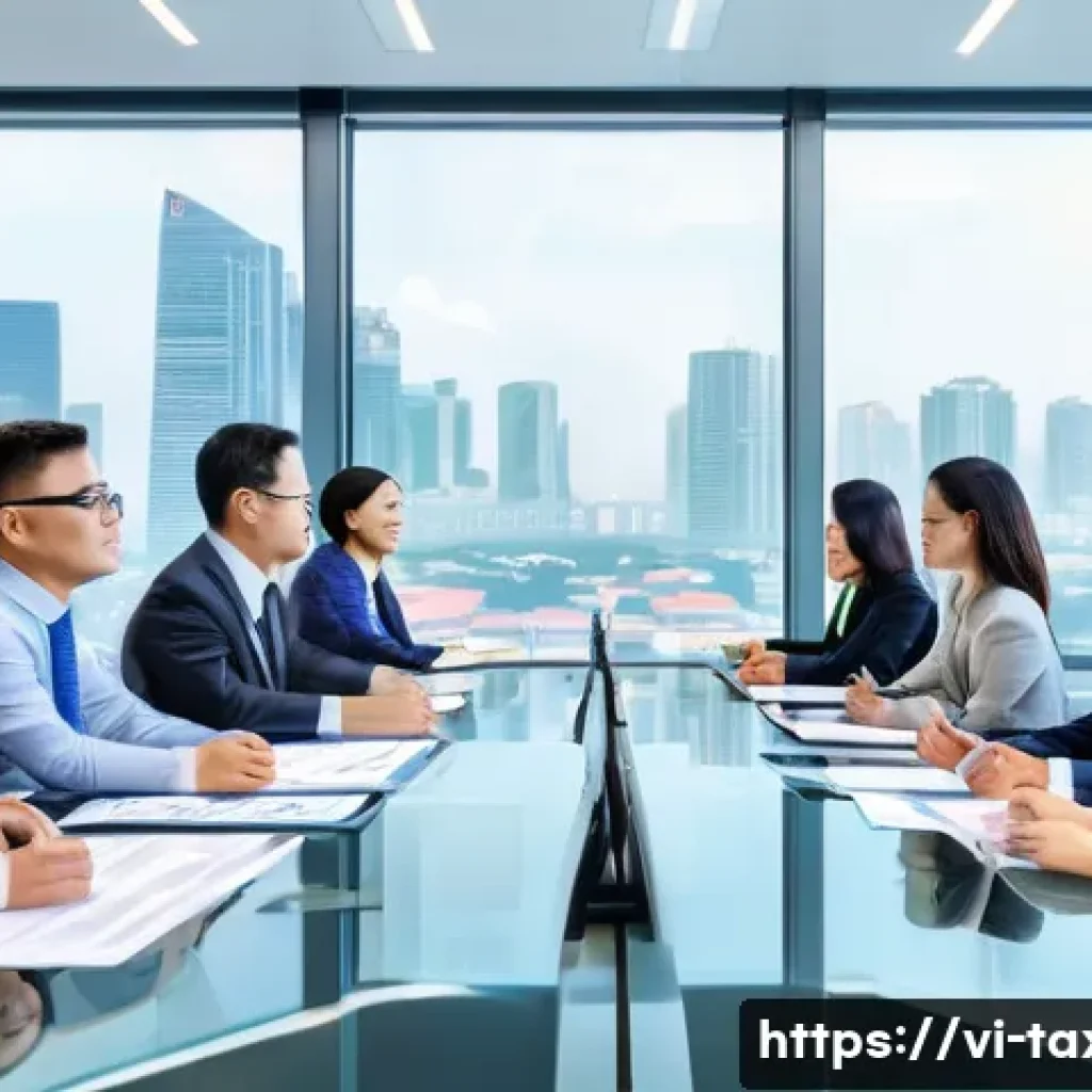 세무사와 대기업 세무 전략 - A modern Vietnamese corporate office scene showing a diverse team of tax experts and financial analy...