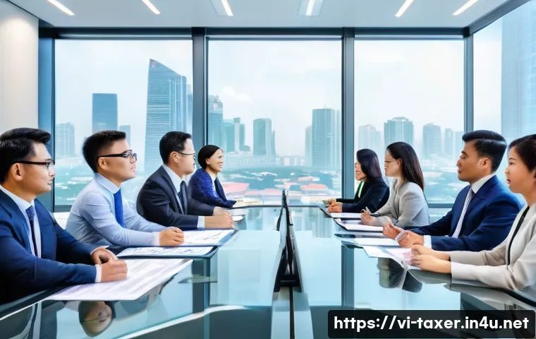 세무사와 대기업 세무 전략 - A modern Vietnamese corporate office scene showing a diverse team of tax experts and financial analy...