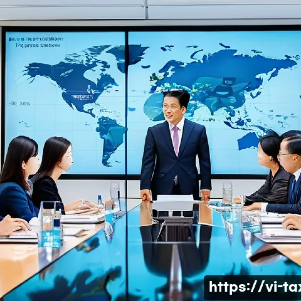 세무사와 국제 조세 협약 활용 - A detailed and professional office scene showing Vietnamese business professionals in formal attire ...