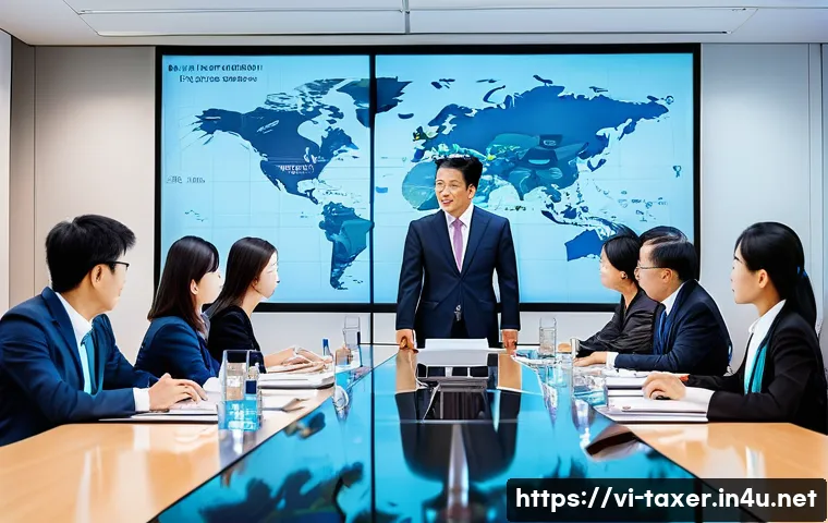 세무사와 국제 조세 협약 활용 - A detailed and professional office scene showing Vietnamese business professionals in formal attire ...