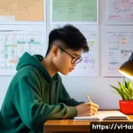 세무사 시험 합격 루틴 - A focused Vietnamese student studying at a wooden desk in a cozy room during early morning light, we...