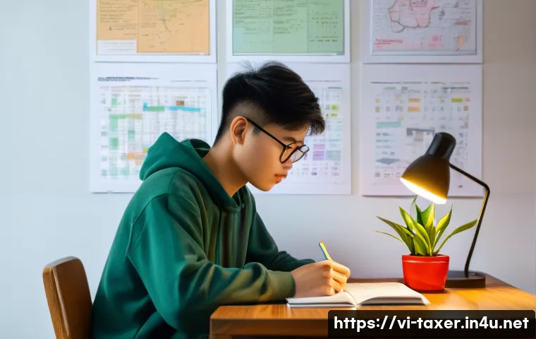 세무사 시험 합격 루틴 - A focused Vietnamese student studying at a wooden desk in a cozy room during early morning light, we...