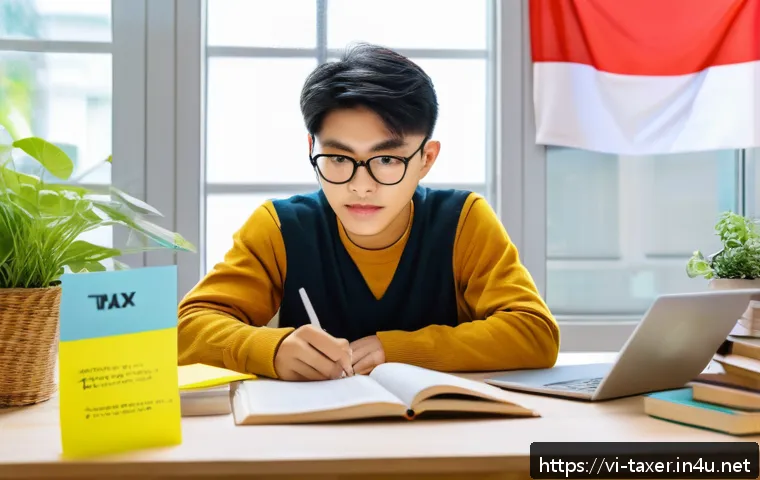 세무사 2차 시험 실전 팁 - A focused Vietnamese student studying tax law at a wooden desk with textbooks and notes spread out, ...