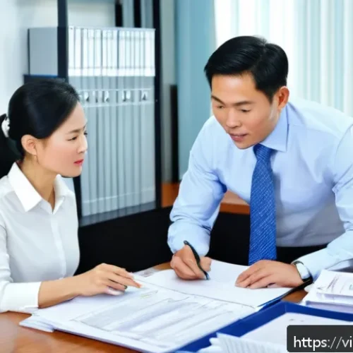 세무사와 세금 분쟁 중재 - A professional Vietnamese business office scene showing a middle-aged male tax consultant explaining...