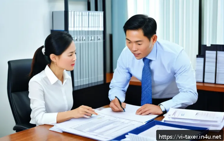 세무사와 세금 분쟁 중재 - A professional Vietnamese business office scene showing a middle-aged male tax consultant explaining...