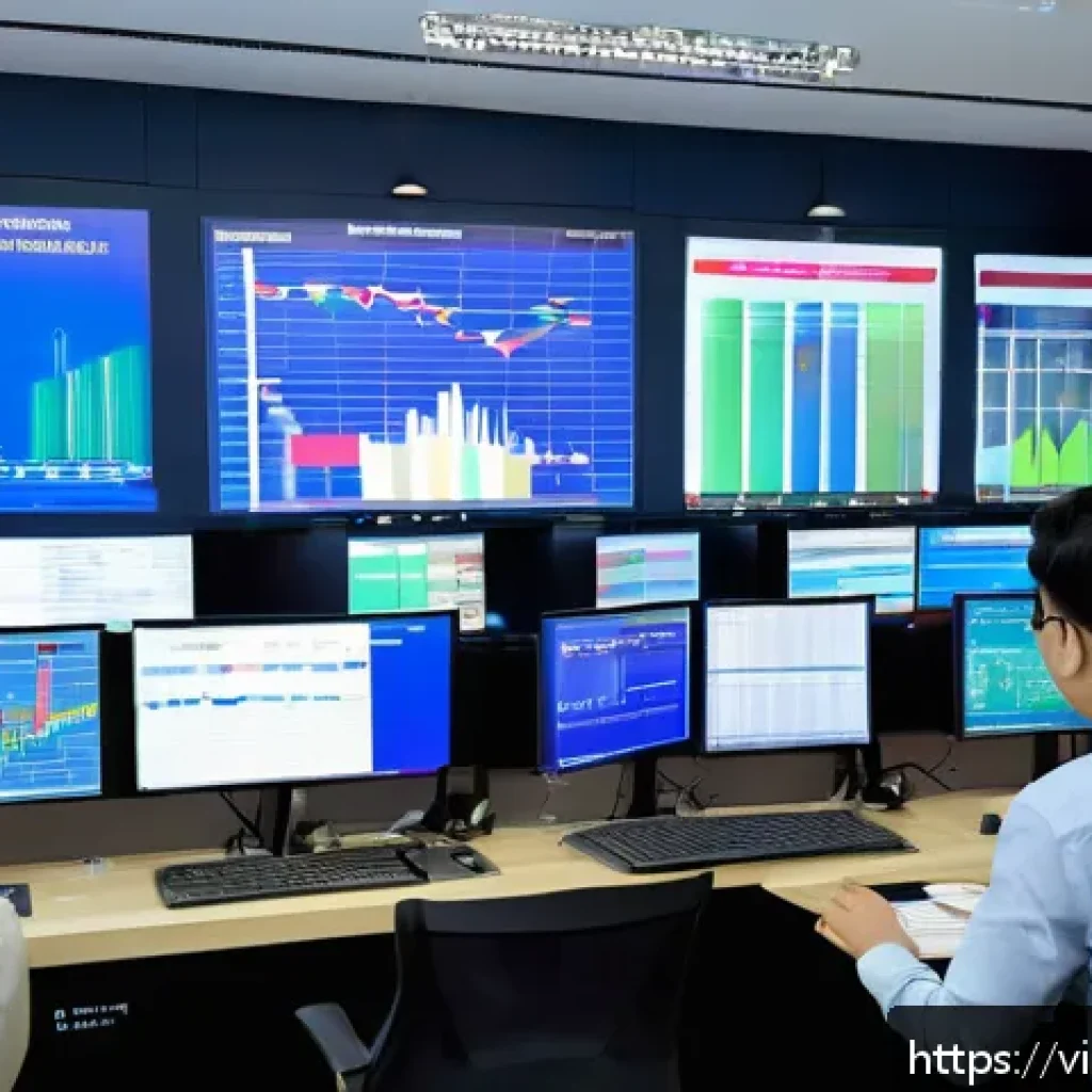 세무사와 데이터 분석 활용 - A modern Vietnamese tax office environment showing diverse tax officials analyzing big data on multi...