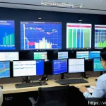 세무사와 데이터 분석 활용 - A modern Vietnamese tax office environment showing diverse tax officials analyzing big data on multi...