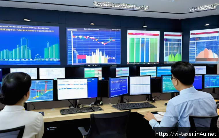 세무사와 데이터 분석 활용 - A modern Vietnamese tax office environment showing diverse tax officials analyzing big data on multi...