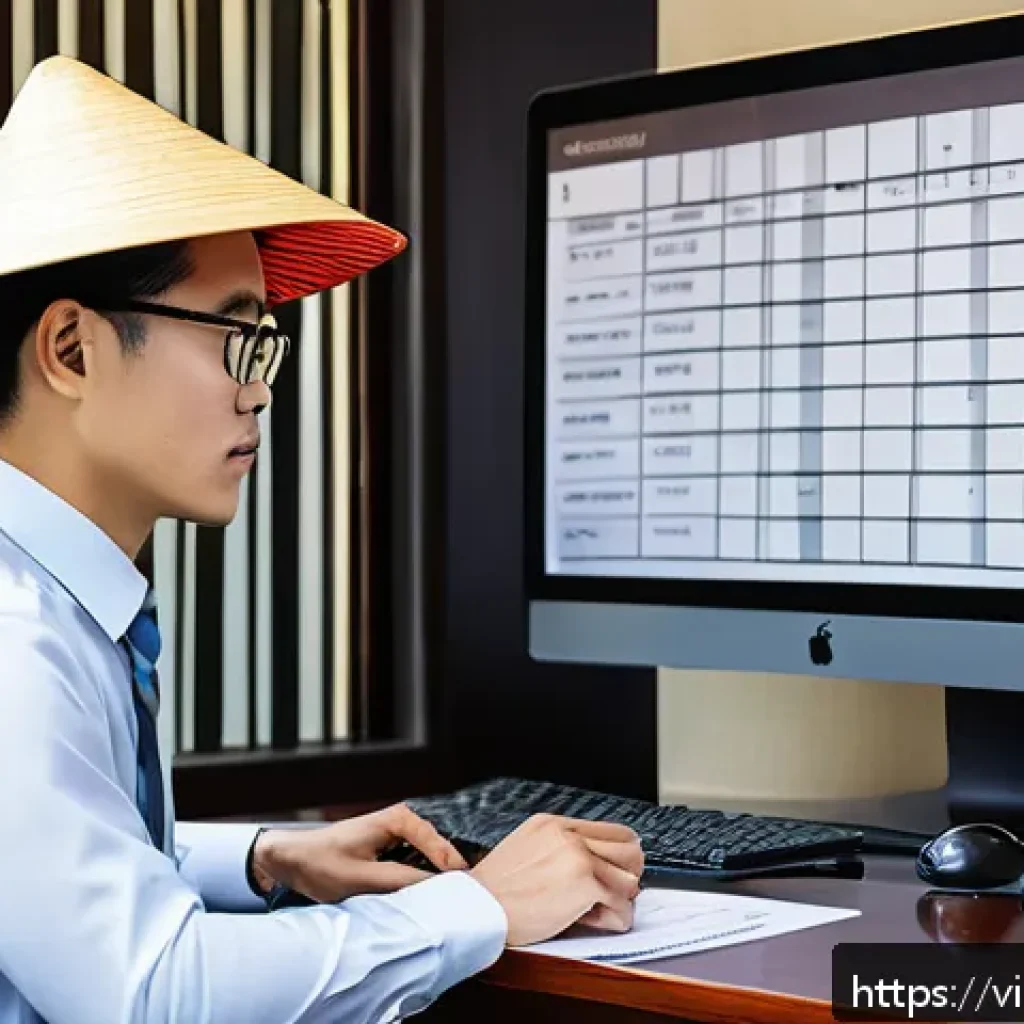 세무사 시험 대비 최신 세법 개정 - A modern Vietnamese small business office scene with a young professional accountant sitting at a de...