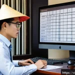 세무사 시험 대비 최신 세법 개정 - A modern Vietnamese small business office scene with a young professional accountant sitting at a de...