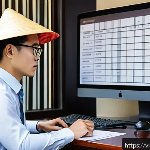 세무사 시험 대비 최신 세법 개정 - A modern Vietnamese small business office scene with a young professional accountant sitting at a de...
