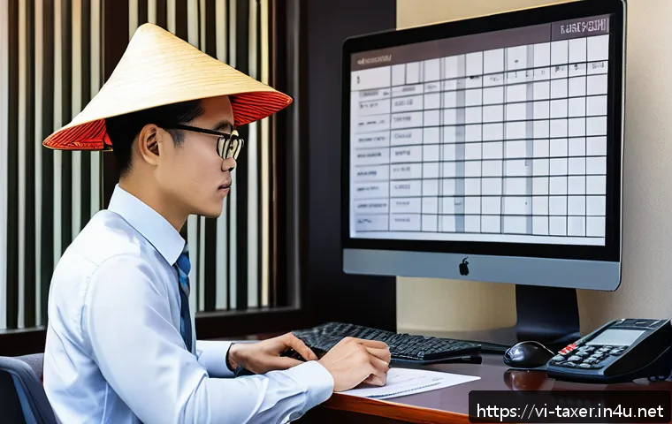 세무사 시험 대비 최신 세법 개정 - A modern Vietnamese small business office scene with a young professional accountant sitting at a de...